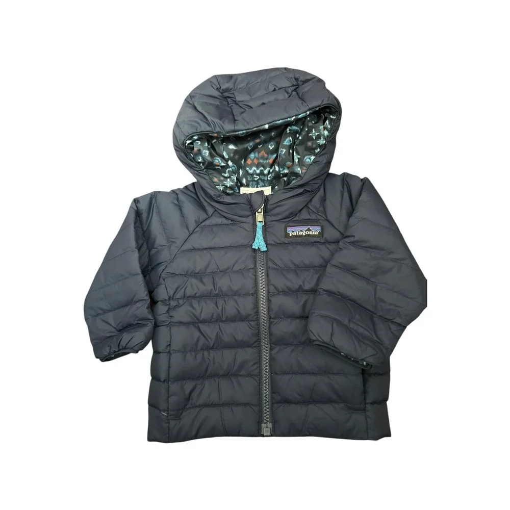 Patagonia Baby Reversible Down Sweater Hoody Jacket Blue‎ Geometric 3-6m NEW